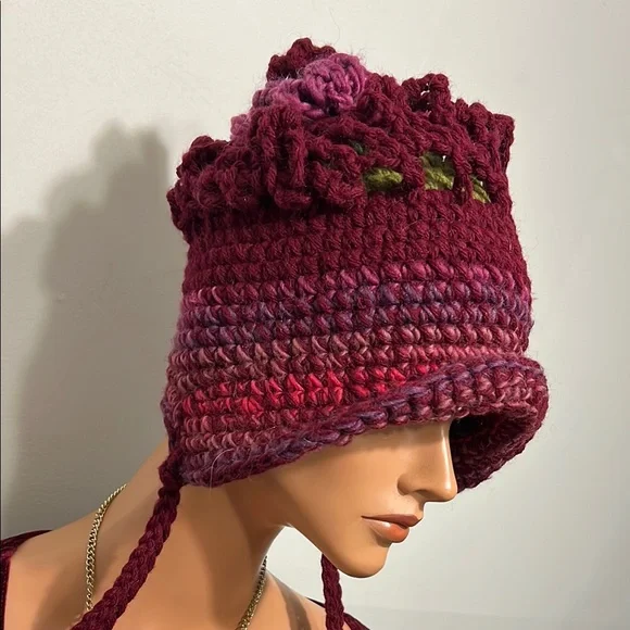 Handcrafted Burgundy Crochet Hat display picture 3